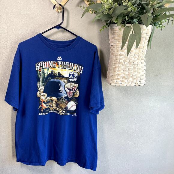 Majestic Mens XL Blue Graphic Spring Training MLB LA Dodgers Tee Shirt Crewneck - Picture 1 of 5